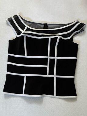 JS Collections Size 10 Black Geometric Mesh Crop Top White Piping Sleeveless